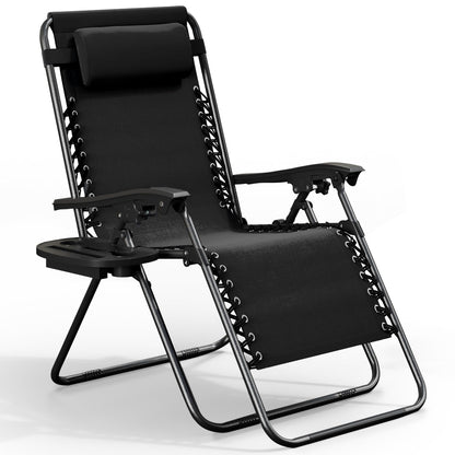 Nestl Zero Gravity Chairs, Portable Patio Lounge Chair Outdoor with Pillows & Cup Holder Trays, Adjustable Steel Mesh Reclining Camping Chair, Folding Patio Lawn Chair for Deck, Beach, Yard - Black
