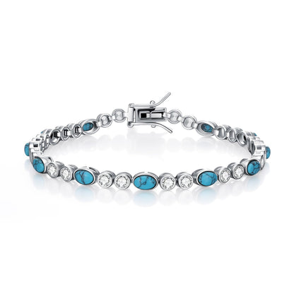 PEIMKO 925 Sterling Silver Oval Turquoise Exquisite Tennis Bracelet with CZ Boho Style Bracelet Jewelry Gifts for Women Mother