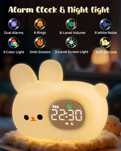 Yiliaw Bunny Alarm Clock for Kids with Night Light, Sleep Training Clock Time to Wake Clock, Rechargeable Silicone Light for Bedroom, Perfect Sleep Companion for Boys Girls