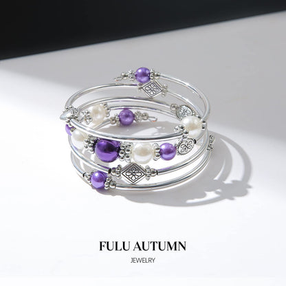 FULU AUTUMN Beaded Pearl Bangle Bracelets for Women Silver Wrap Bangles Bracelet Womens Costume Jewelry Fashion Gift(18-Purple)
