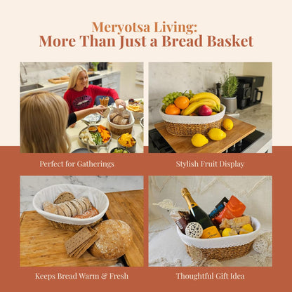 Rustic Bread Basket with Warmer – Woven Farmhouse Bread Basket with Terracotta Warming Stone, Keeps Bread Warm & Fresh, Cozy Serving Basket for Bread, Rolls & Pastries, Mothers day, Mothers day gift