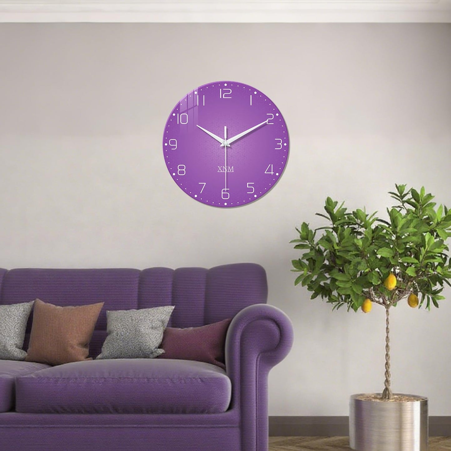 XNM Large Wall Clock for Girls Room 20 Inch Purple Clock Battery Operated Glass Minimalist Quiet Wall Clock Modern