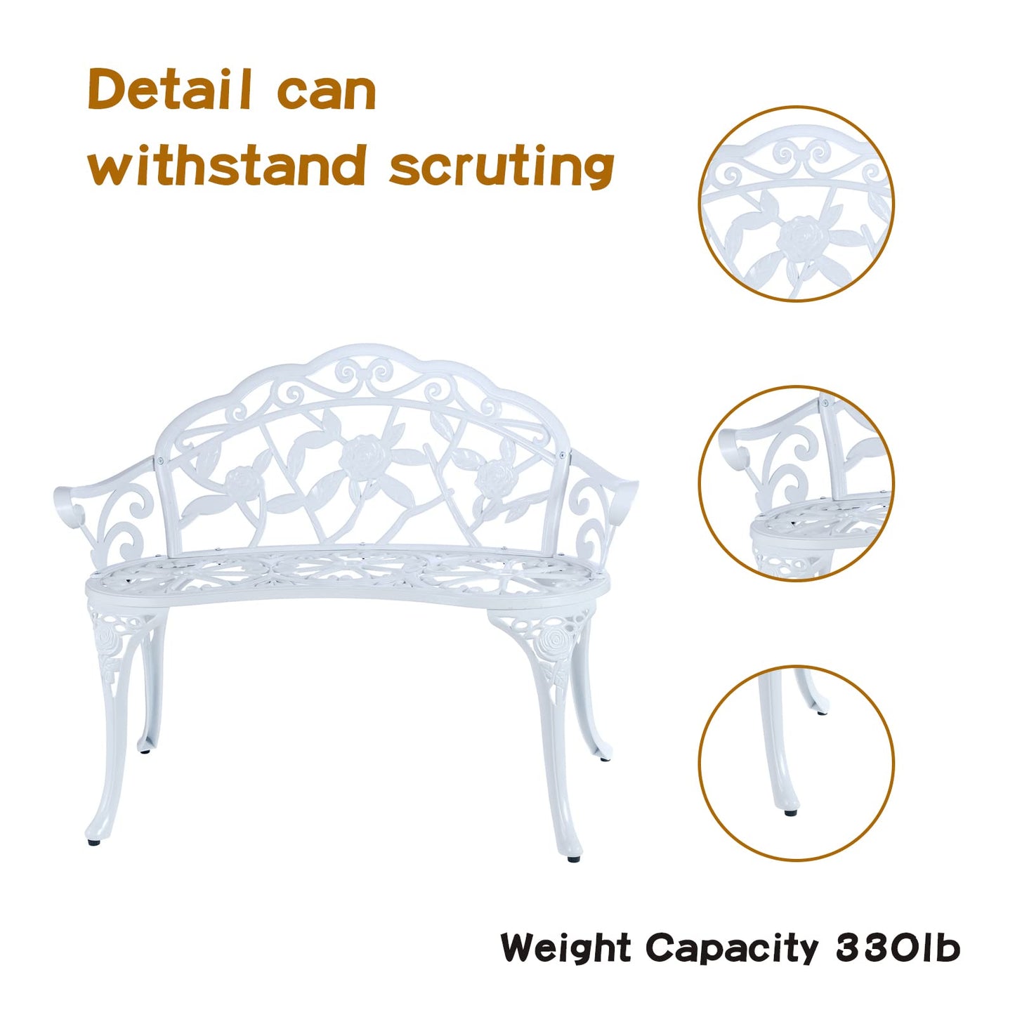 YKSY&YKSY Patio Garden Bench Metal Park Bench Cast Aluminum Outdoor Furniture with Floral Rose for Patio,Park,Lawn,Yard (White)