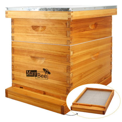 MayBee 8 Frame Screened Bottom Board Beehive Dipped in Original Beeswax, Bee Hives Kit Includes 1 Deep Box & 1 Medium Hive Box with Beehive Frames and Wax Coated Foundations
