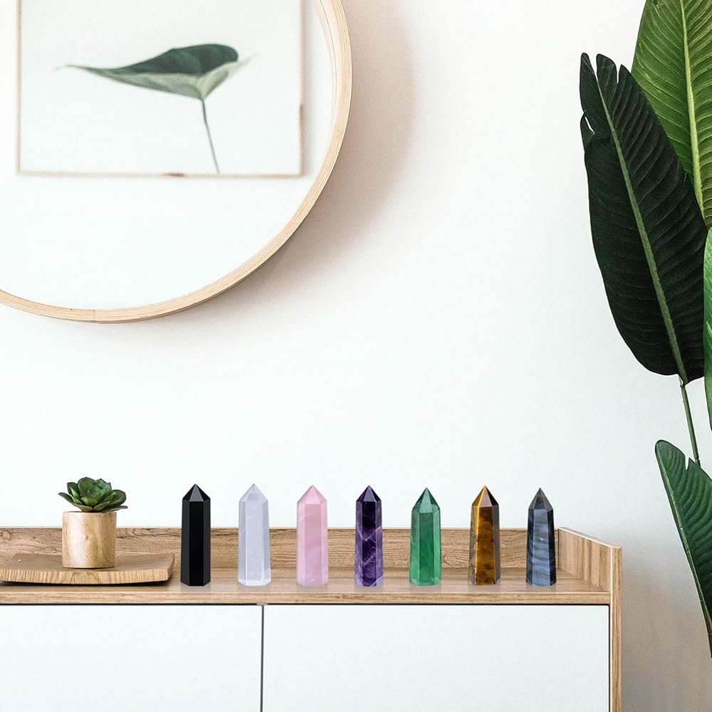 7PCS 2.2-2.6" Natural Crystals Tower Figurine Ornaments Polishing Rose Quartz Amethyst Stone Hexagonal Point Wand Obelisk Statue for Aquarium Decorative Rocks Gifts Home Decor(2.2inch/7pcs)