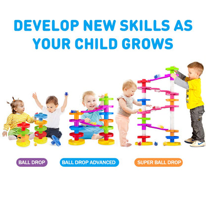 WEofferwhatYOUwant Advanced Ball Drop Toy – 16-Piece STEM Playset for Toddlers with 2 Purple Bridges & 8 Spiral Ramps | Creative Building Fun | Safe 9M+ | Interactive Family Play | Durable, Stackable