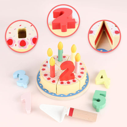 Steventoys Wooden Cutting Cake Play Set, Fake Cake with Candles and Numbers, Pretend Play Food Set, Montessori Tea Party Toys Learning Kitchen Toys for Boys Girls 1-6 Years
