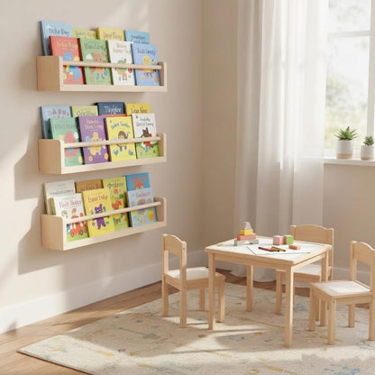 Esonal Natural Wood Nursery Floating Shelves Set of 3– Wall Mounted Kids Bookshelf & Toy Organizer – 16 Inch Rustic Pine Hanging Display Book Shelves for Bedroom, Playroom, and Baby Decor