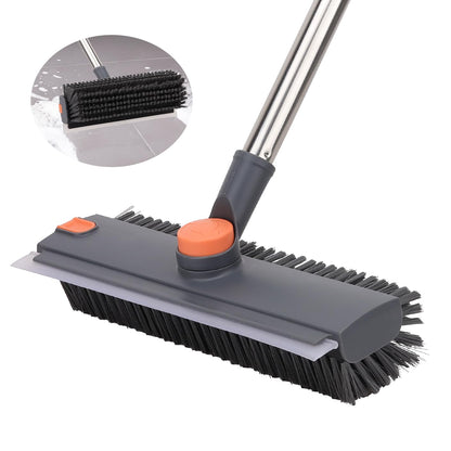 Floor Scrub Brush with 64" Long Handle - 360° Swivel Heads Household Push Brush with Squeegee and Right Angled Bristle for Cleaning Concrete Floors Grout Gardens Patio Deck Concrete Garage Heavy Duty