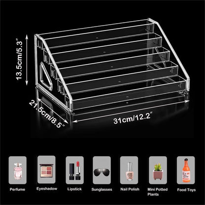 5 Tier Acrylic Display Stand Organiser with Fences, No Assembly Perfume Stand Organiser, Clear Display Shelf for Home, Office, Retail for Funko Figures Toys Cupcake Food, Cologne, Cosmetics, Storage