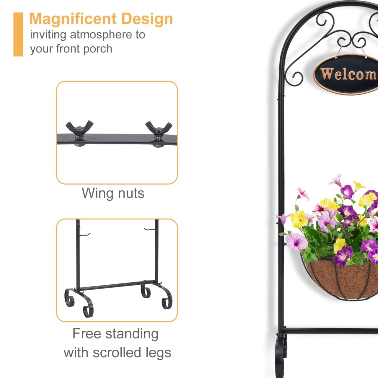 SUNNYPARK Black Metal Welcome Sign Hanging Basket Stand - 40 Inch Decorative Planter Holder for Outdoor/Indoor Plants, Flowers, Herbs - Rustic Garden Decor