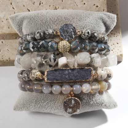 Yomisa 5PCS Natural Boho Beaded Bracelets for Women Men,Healing Turquoise Jasper Agate Crystal Gemstone Stone Diamond Chakra Multilayer Wrap Bohemian Handmade Jewelry Beads Stretch Bracelet Set