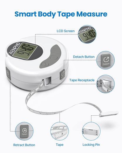 RENPHO Body Measuring Tape, Bluetooth Smart Tape Measure with Lock Hook & Retractable Function, Accurate Body Fat Measurement Device for Weight Loss, Muscle Gain, Fitness Bodybuilding, 60in /150cm