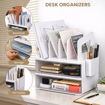 LALOBLUE White Acrylic Desk Organizer with Drawer & File Holder, Stackable Modular Storage System, Multi-Layer Desktop Organizer, Space Saving Desk Organizer for Home Office & Study