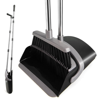 XXFLOWER Broom and Dustpan Set, Long Handle Lightweight Dustpans with Broom Combo for Home, Indoor&Outdoor Sweeping for Home Room Kitchen Office Lobby (Charcoal)