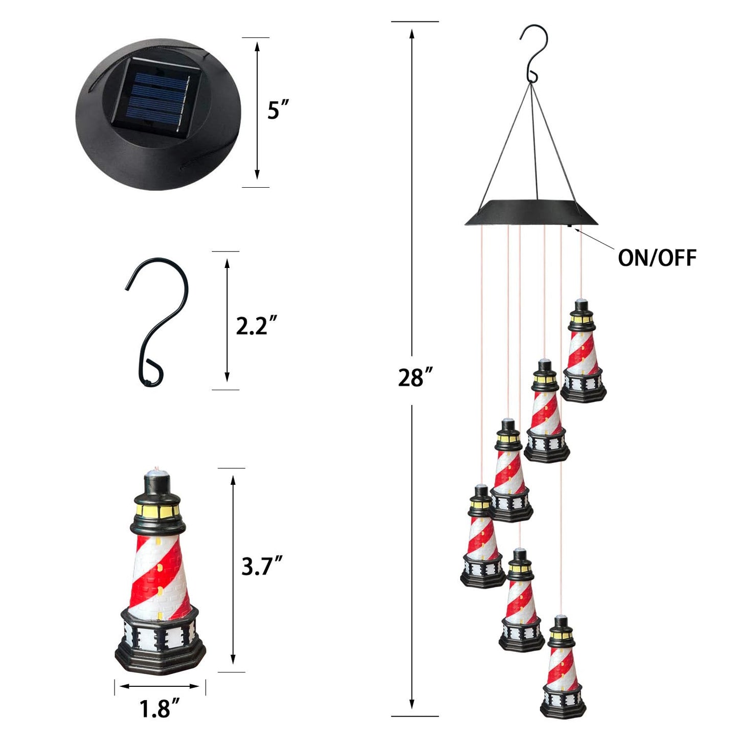 Lighthouse Solar Windchimes Outdoor Lighthouse Decorative Wind Chimes Solar Hanging Lighthouse Outdoor Garden Lighthouse（Red）