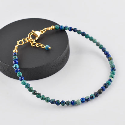 Natural Azurite Gemstone Micro Beads Dainty Bracelet Jewelry for Women, Chakra Energy Crystals, 14k Gold Plated Chain 8 inch Adjustable