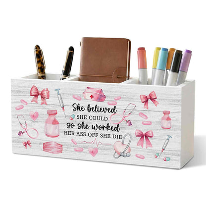 XINCEYWJ Pink Nurse Office Pencil Pen Holder for Desk Organizer, Nurse Appreciation Gifts, Nursing Week Gifts, Nurses Gift for Women Wooden Box Decorations for Office Desk Tabletop Decor