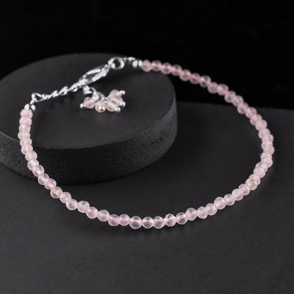 QNAVIC Pink Rose Quartz Micro Round Beads Dainty Bracelet for Women, Birthstone Bracelet jewelry Chakra Healing Crystals, Silver Plated Chain 8 inch Birthday Gift for Her
