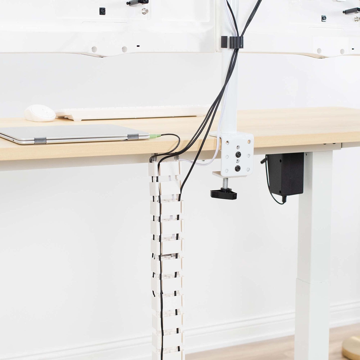 VIVO Under Desk Vertebrae Cable Management Kit, Adjustable Quad Entry Flexible Cord Organizer for Home Office, White, DESK-AC01C-W