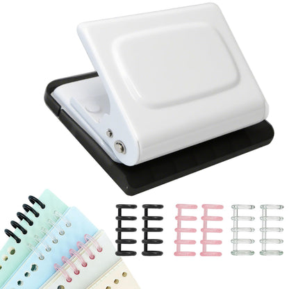 10 Hole Punch Binding Machine for Planners, Manual Paper Puncher for DIY Loose Leaf Notebooks, Includes 18 Colorful Binder Rings, Perfect for A4/A5/B5 DIY Scrapbooking, White