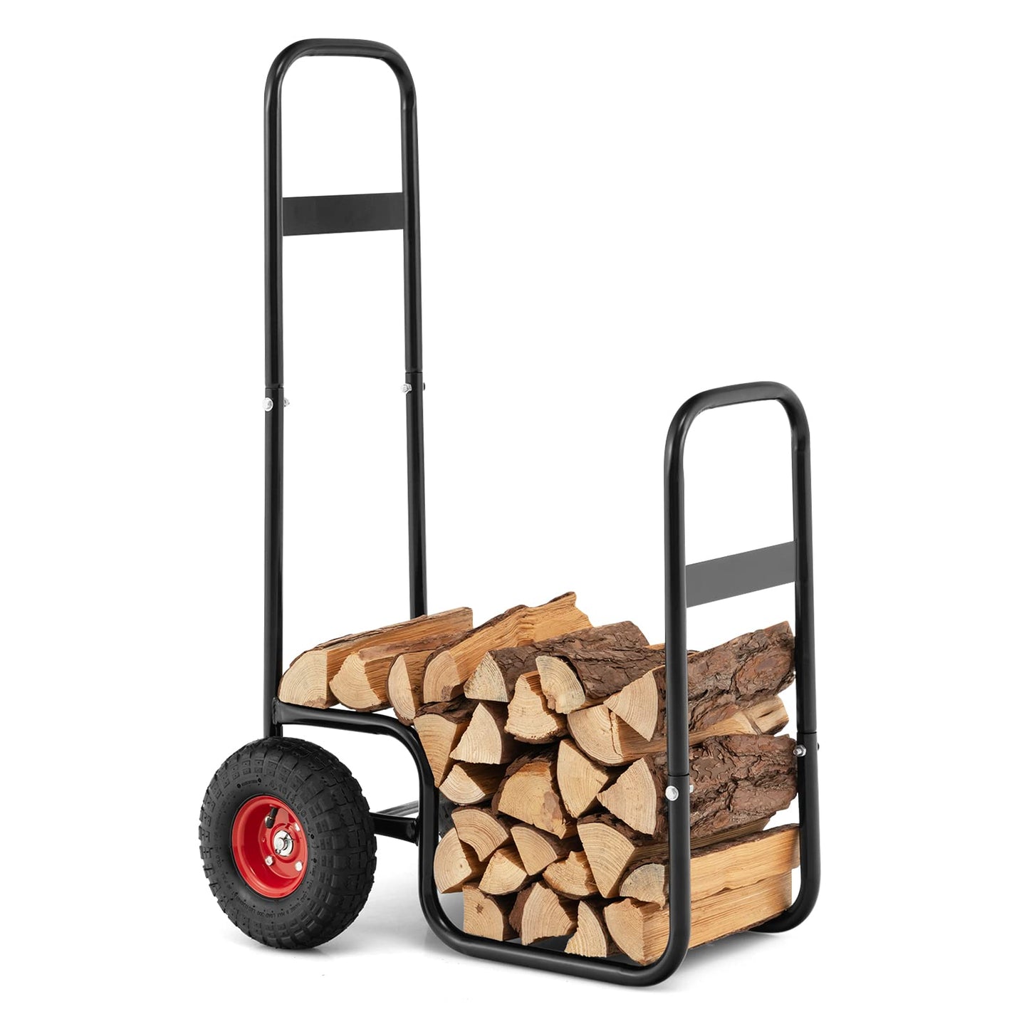 Goplus Firewood Cart with Wheels, Outdoor Indoor Rolling Fire Wood Log Cart with Pneumatic Rubber Tiers, 220 LBS Load Capacity Heavy Duty Steel Wood Storage Hauler, Log Holder Rack for Fireplace