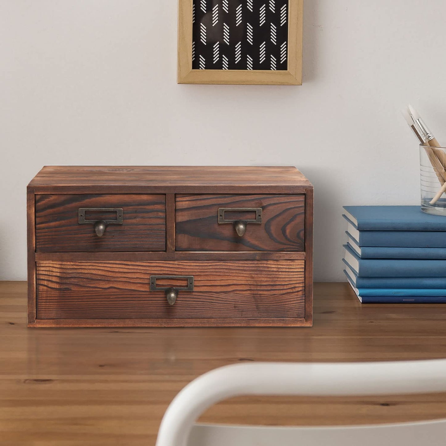 MyGift Wooden Desk Organizer with Drawers, Dark Brown Wood Desktop Storage Cabinet with 3 Drawers for Office Supplies, Sewing Kits and Accessories
