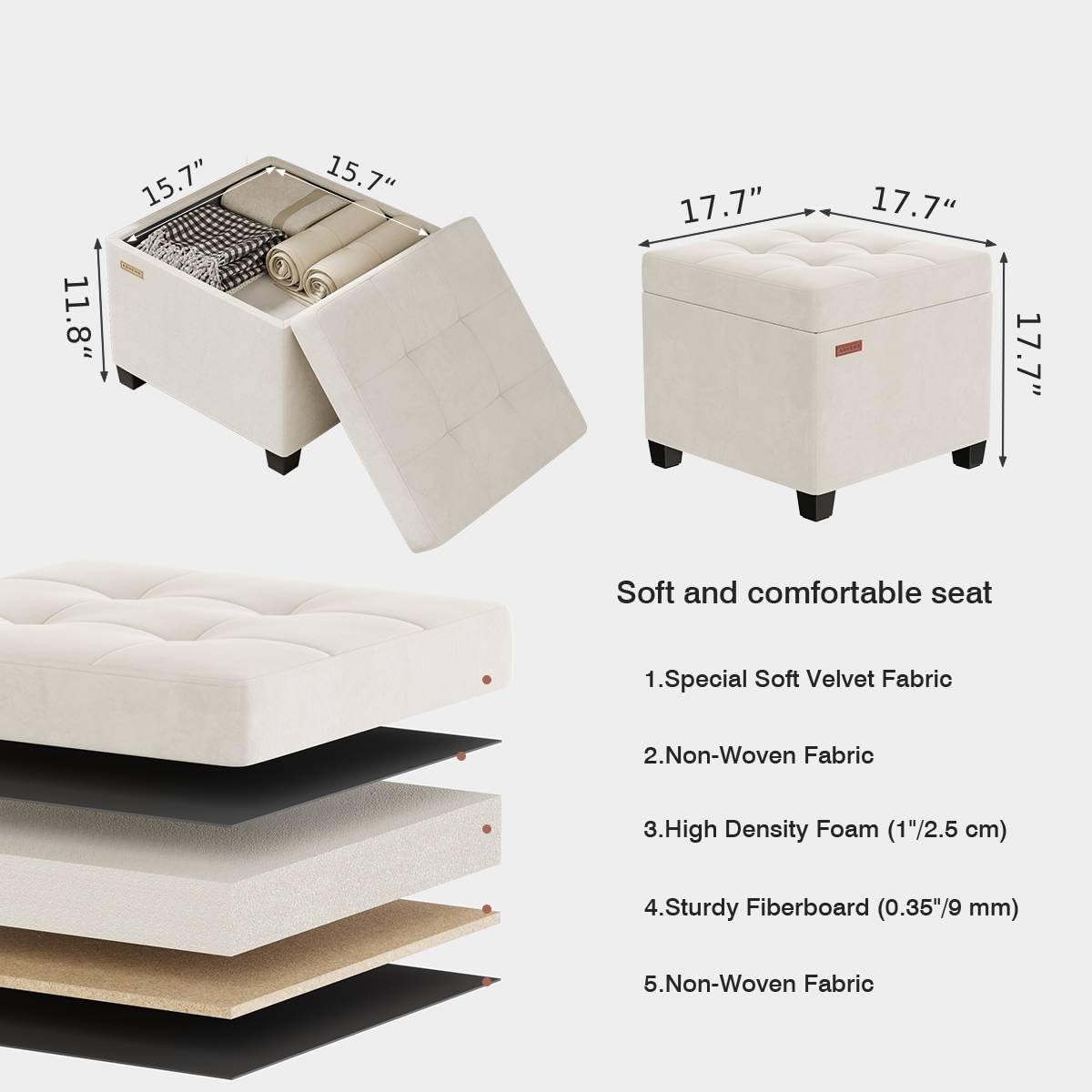 ABHENG Velvet Cover Steel Frame Ottoman with 48L Storage,17.7" x 17.7" x 17.7" Square Linen Storage Ottoman Stool Cube with Legs,for Dorm Livingroom White UASND64W