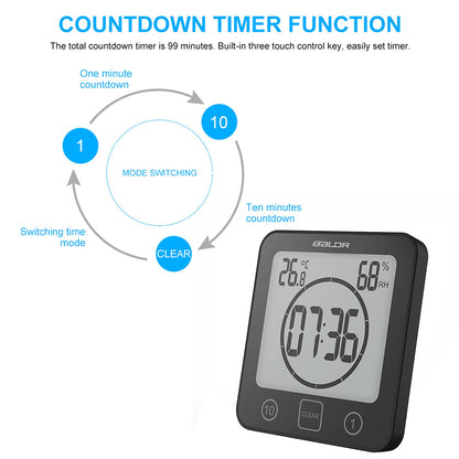 SS SUNSBELL Digital Bathroom Shower Wall Clock Timer, Shower Clock Waterproof with Big LCD Display, Touch Screen Timer with Suction, Large Countdown Visual Hanging Wall Clock (Black)