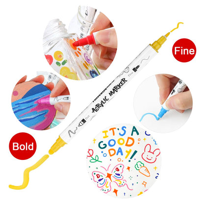 TRANSON 24 Color Bold and Fine Dual-tip Acrylic Paint Pen Set for Canvas Rock Wood Leather Ceramic DIY Painting