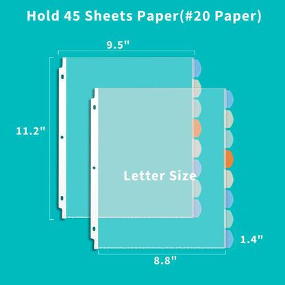 Binditek 128 Pack Heavyduty Clear Sheet Protectors with 8 Tabs, 45 Sheets Capacity, 8.5 x 11 inch Plastic Dividers for 3 Ring Binder, Insertable Index Divider, Letter Size, 16 Set, Label Sticker