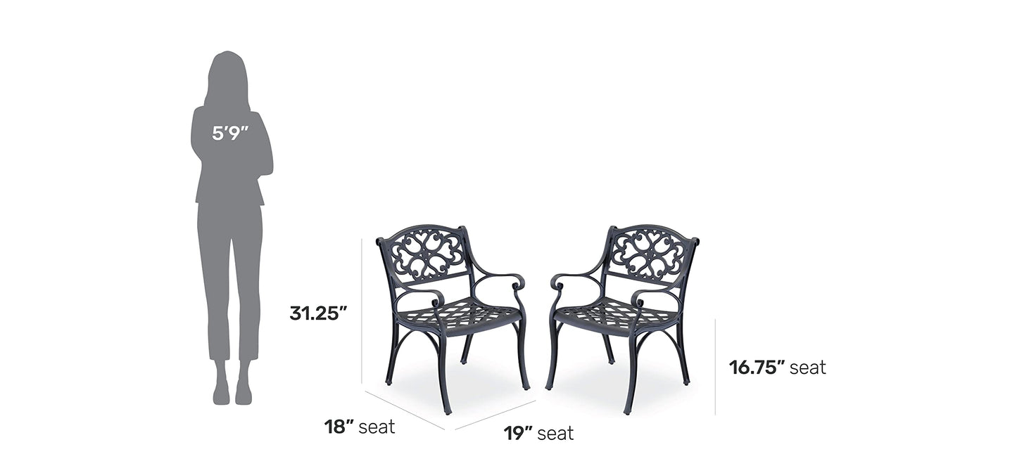 Homestyles Sanibel Black Stationary Cast Aluminum Outdoor Dining Chair, 2 Piece Patio Chairs, Set of 2 Garden Chairs with Armrest & Backrest for Garden Patio Pool Beach Yard, Black