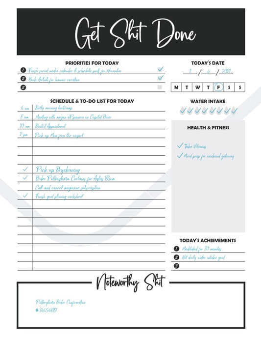 AZ PRO Collections Get Shit Done: Daily Planner , 50 Undated Sheets, Desk Notepad, Schedule, To-Do List, Task Planner, Productivity Organizer, Health & Fitness Tracker, 8.5x11
