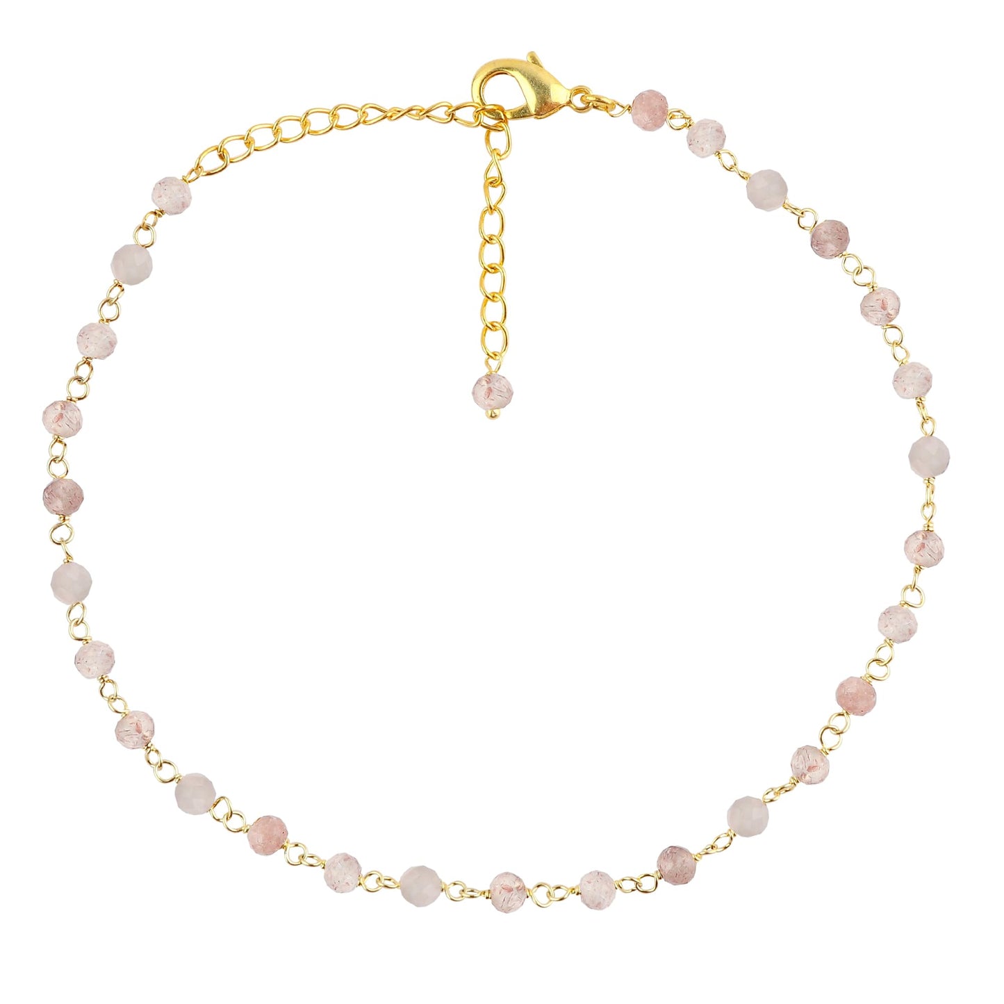 JOR Natural Strawberry Quartz Beaded Rosary Anklet, Handmade Craft, Anklet Beads Bracelet, Chakra Healing Anklet, Gemstone Women Jewelry, Dainty Gold Plated Anklet 9 inch + 2 inch (1pcs)