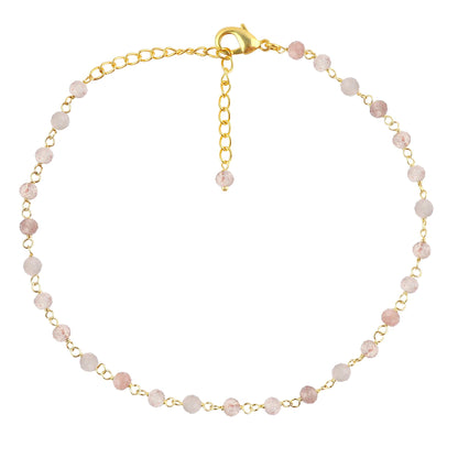 JOR Natural Strawberry Quartz Beaded Rosary Anklet, Handmade Craft, Anklet Beads Bracelet, Chakra Healing Anklet, Gemstone Women Jewelry, Dainty Gold Plated Anklet 9 inch + 2 inch (1pcs)