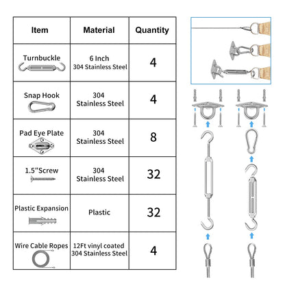 HDYAR 84 Pcs Sun Shade Sail Hardware Kit with Cable Wire Rope for Rectangle Square Triangle Shade Sail Installation, 6 inch 304 Grade Stainless for Garden,Outdoors,DIY Crafts,Railing