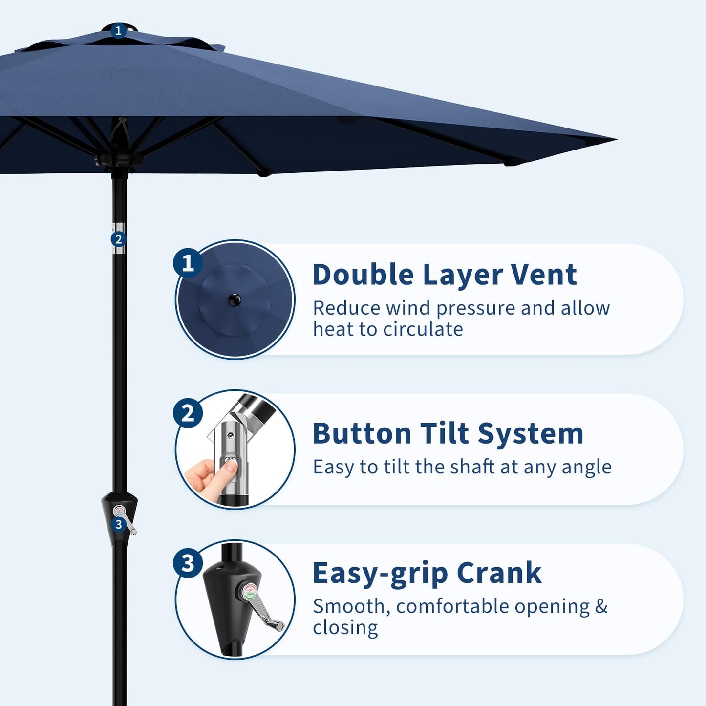 GarveeLife 9FT Umbrella Outdoor Patio, Table Umbrella with Push Button Tilt and Crank, 8 Sturdy Ribs Waterproof UV Protection for Garden, Pool, Deck, Backyard, Market (Navy)
