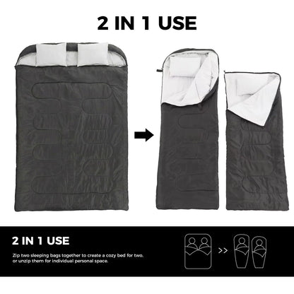 OLIXIS Double Sleeping Bag for Adults with Pillow, Lightweight Portable Large Sleeping Bag for 2 Person, Cold Weather & Warm Sleep Bag for 3 Seasons Backpacking, Camping, Hiking, Outdoor Adventure