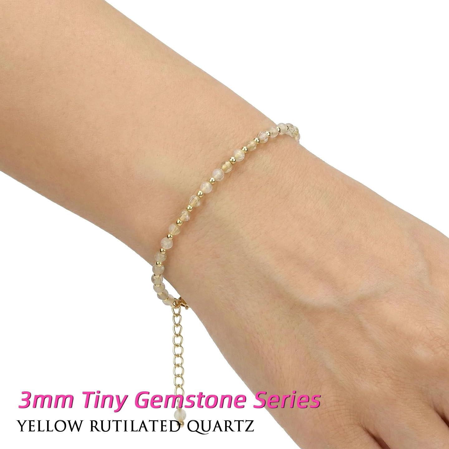Morchic 3mm Yellow Rutilated Quartz Natural Gemstone Beaded Bracelet for Women, Dainty Charm Jewelry, Adjustable 7.1-8.6", Ideal Birthday Holiday Gift
