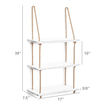 Mkono Hanging Shelves 3 Tier White Wood Wall Mount Floating Shelf with Rope Boho Decor for Living Room Bathroom Bedroom Kitchen Apartment - Rustic Wood Decorative Storage Shelf