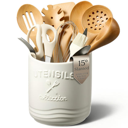 AISBUGUR Large Ceramic Utensil Holder: 7.5" H×6.3" W with Slanted Mouth - Utensil Crock with Non-Slip Cork Base for Kitchen Counter, Ideal for Decor & Gift,white utensil holder
