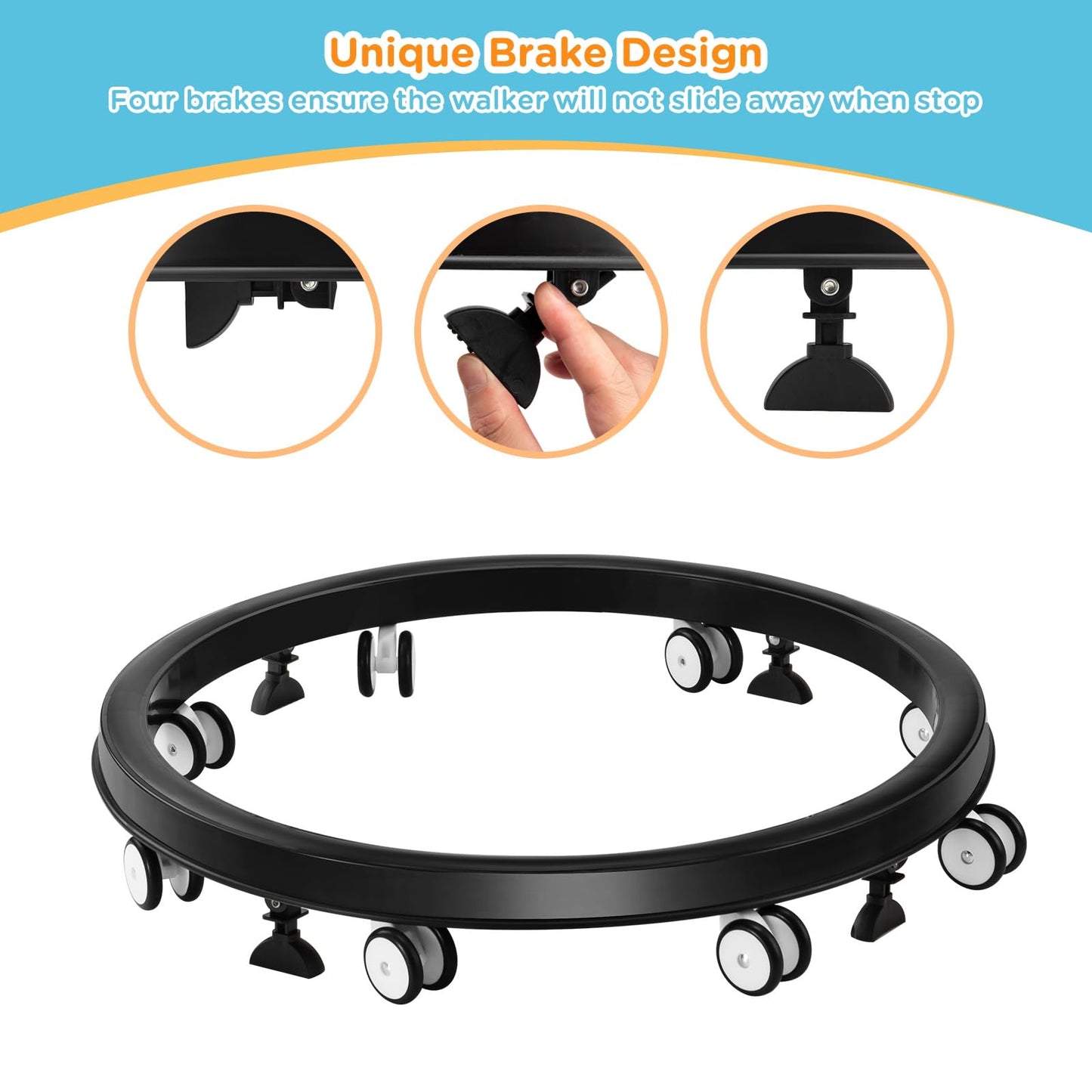 Wnttmt Baby Walker with Wheels, One-Touch Folding Baby Walkers with Height Adjustment, Large Dinner Plate and Brake, Walker for Baby Boy Girls 6-18 Months, Black
