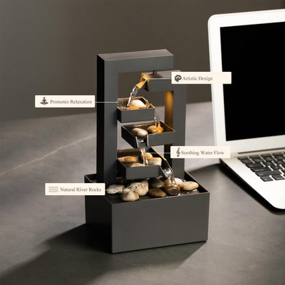 Puulye Desktop Waterfall Fountain Small- 9.65" Relaxation Tabletop Fountain with Soothing Sound for Office & Home Decor - Desktop Water Fountain Feature with Natural Stones