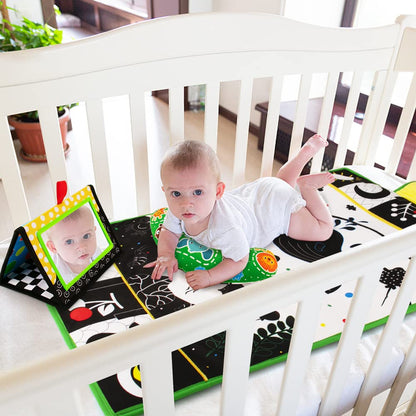 Inbeby Tummy Time Mirror & Play Mat & Pillow 3-in-1, High Contrast Black and White Baby Toys, Activity Mat for Early Education, Newborn Infant Tummy Time Toy Set for 0 3 6 12 Month Crinkle/Squeake