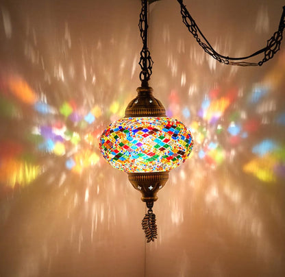 DEMMEX Authentic Turkish Mosaic Plug-in Swag Pendant Light Fixture, Large 6.5" Globe – Moroccan Hanging Ceiling Lamp - 15ft Cord & Chain, US/CA Plug, Exotic Mediterranean Decor, Handmade