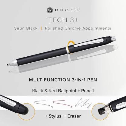 Cross Tech3 Satin Black Multi-function Pen - 0.5 MM Lead Size Pencil, Black Ink Refill, and Red Ink Refill in One Pen.