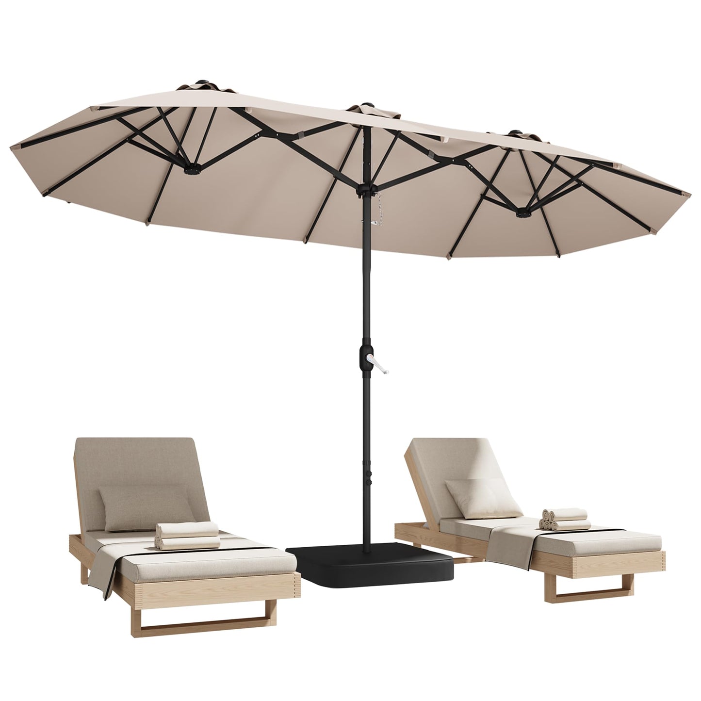 DomeShade 15ft Patio Umbrella with Base,Large Outdoor Double-Sided Rectangle Umbrella with Crank Handle, Market Umbrella for Poolside Garden Deck Backyard Beach Pools, Beige