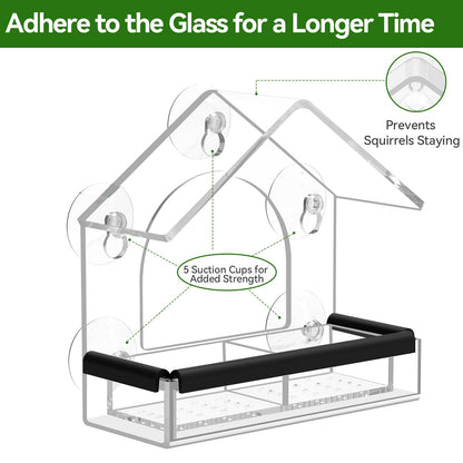 Clear Window Bird Feeder with 5 Extra Strong Suction Cups, DY-SKTY Sturdy and Durable Acrylic Birdfeeders for Viewing Wild Birds Outside, as a Bird Watching Gift, Outdoor Birdhouse Box, Garden Decor