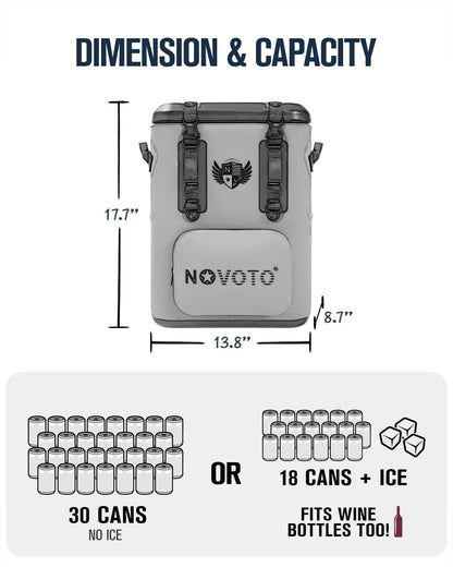 Novoto Magnetic Backpack Cooler 30 Can, Insulated Soft Cooler Bag for Men & Women, Zipperless Waterproof Soft Sided Cooler for Beach, Lunch, Picnic, Kayak, Car, Camping & Party