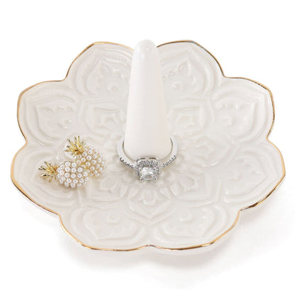 RUIMIC Ceramic White Mandala Jewelry Holder Decorative Ring Holder/Trinket Tray Engagement Wedding Birthday Gifts for Women Her